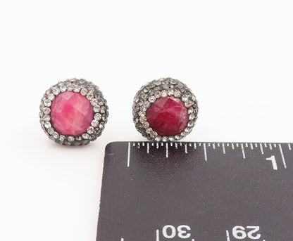 925 Sterling Silver Vintage Earrings Elegant Round Ruby & Halo CZ Stud  EG14275