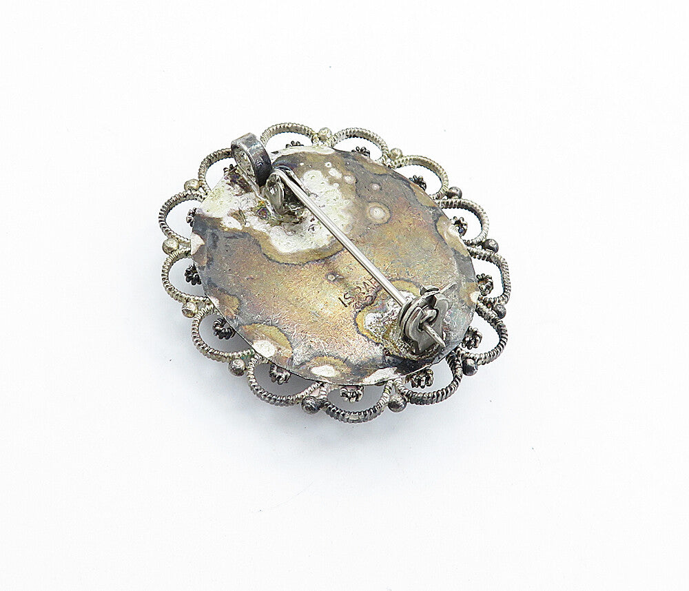 ISRAEL 925 Sterling Silver  Vintage Eilat Stone Swirl Border Brooch Pin BP2490