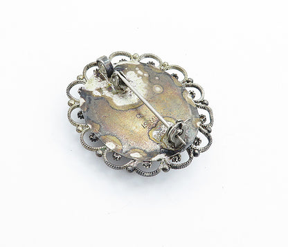 ISRAEL 925 Sterling Silver  Vintage Eilat Stone Swirl Border Brooch Pin BP2490