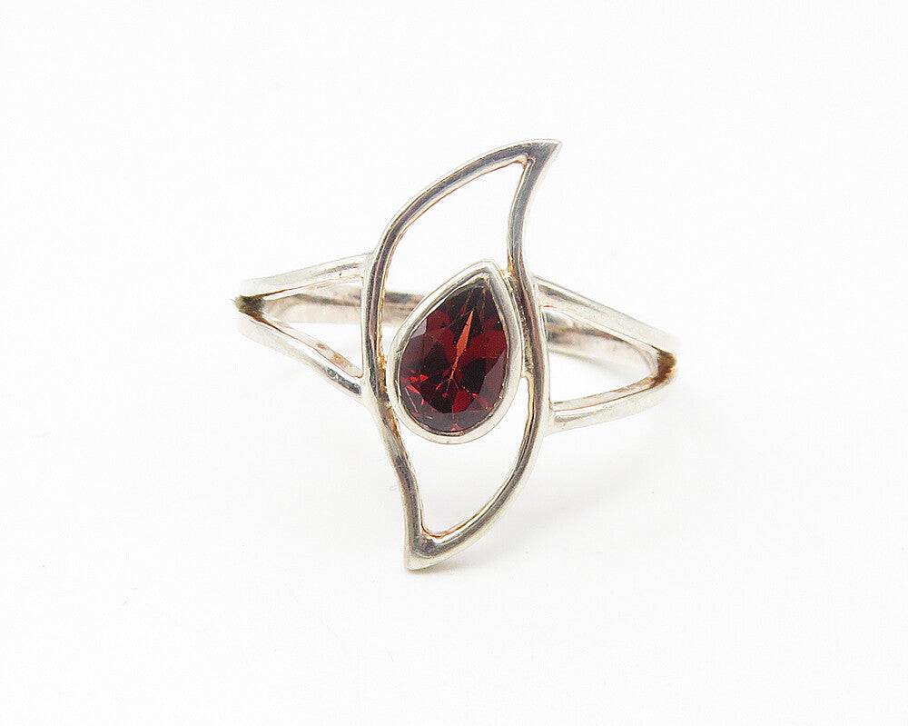925 Sterling Silver  Tear Drop Garnet Open Design Band Ring Sz 8  RG10750