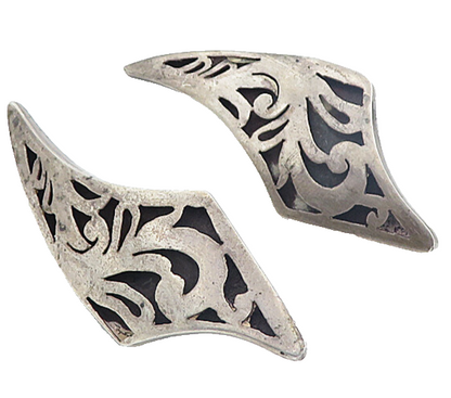MEXICO 925 Silver  Vintage Dark Tone Cutout Pattern Non Pierce Earrings EG3329