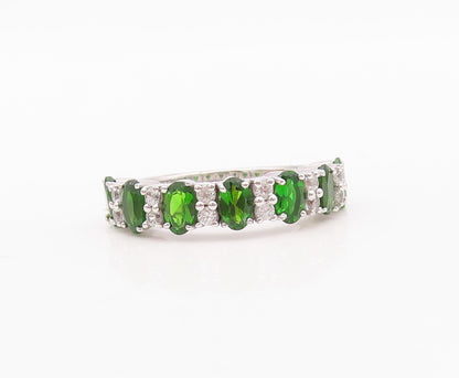 925 Sterling Silver Vintage Ring Oval Cut Green & White CZ Band Sz 7 RG30001