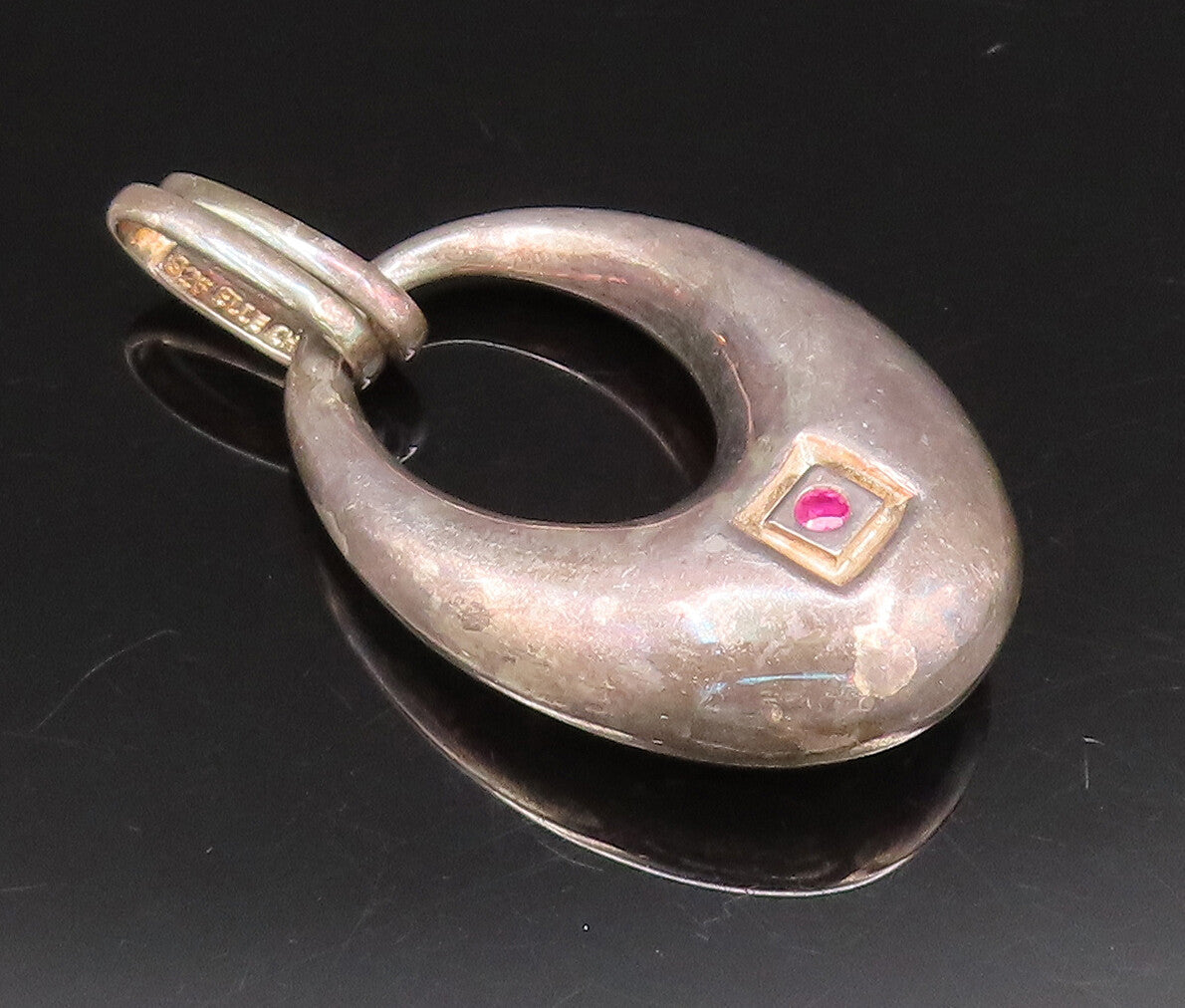 ELLE 925 Silver  Vintage Single Ruby Accent Tote Purse Motif Pendant  PT21824