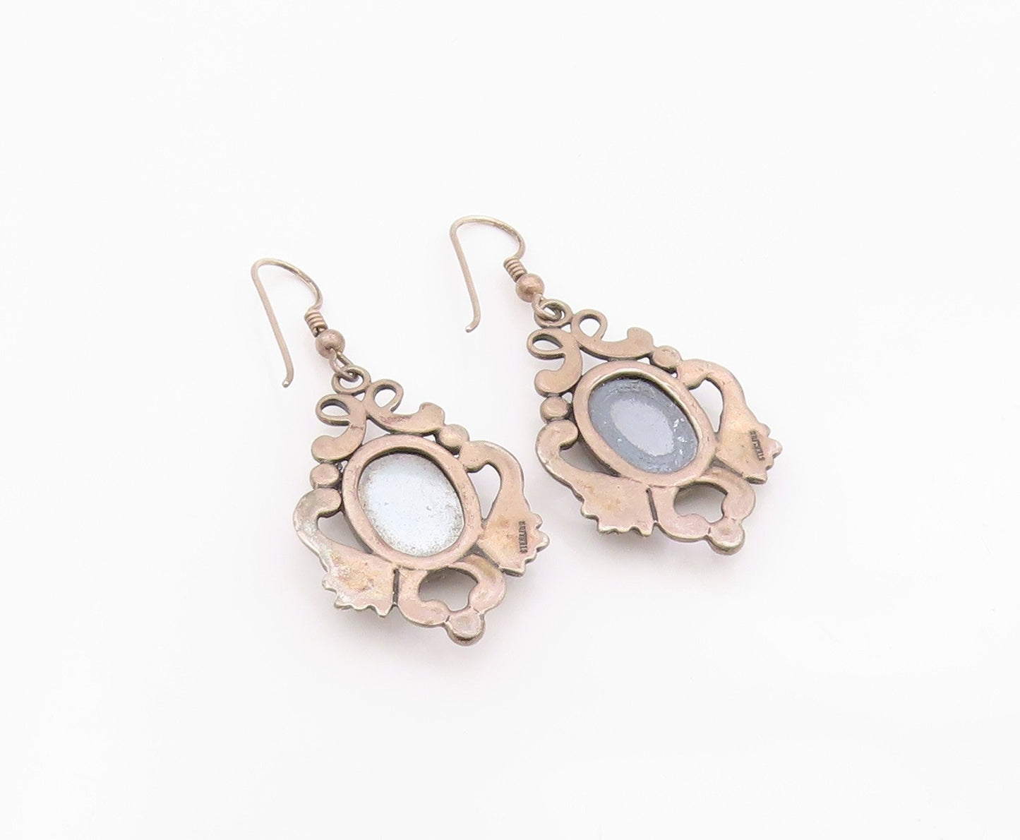 925 Sterling Silver Vintage Earrings Classic Hematite Scrollwork Dangle  EG14384