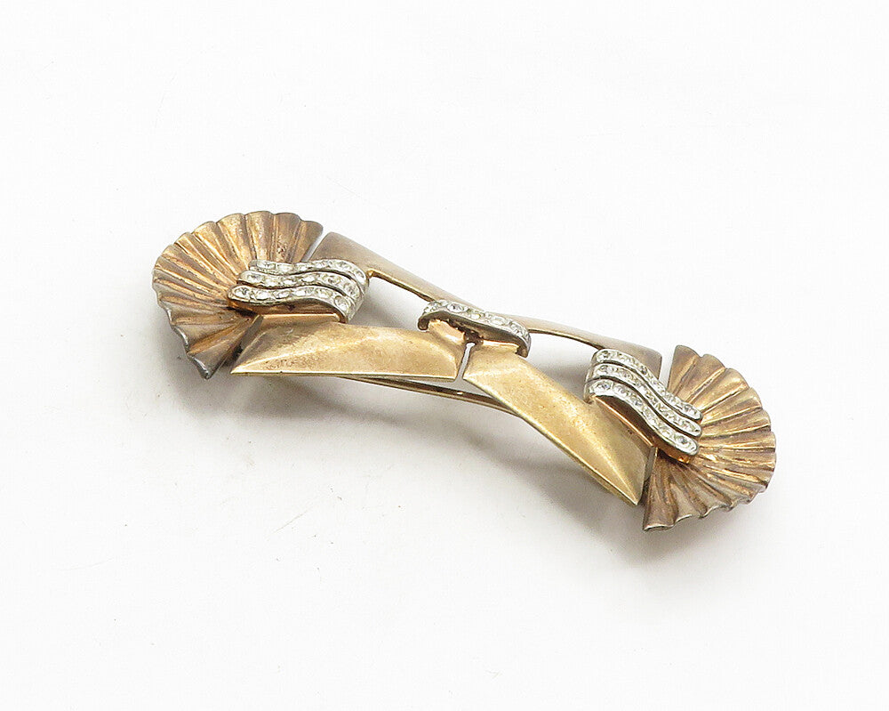 925 Sterling Silver  Vintage White Topaz Modernist Bow Brooch Pin  BP3964
