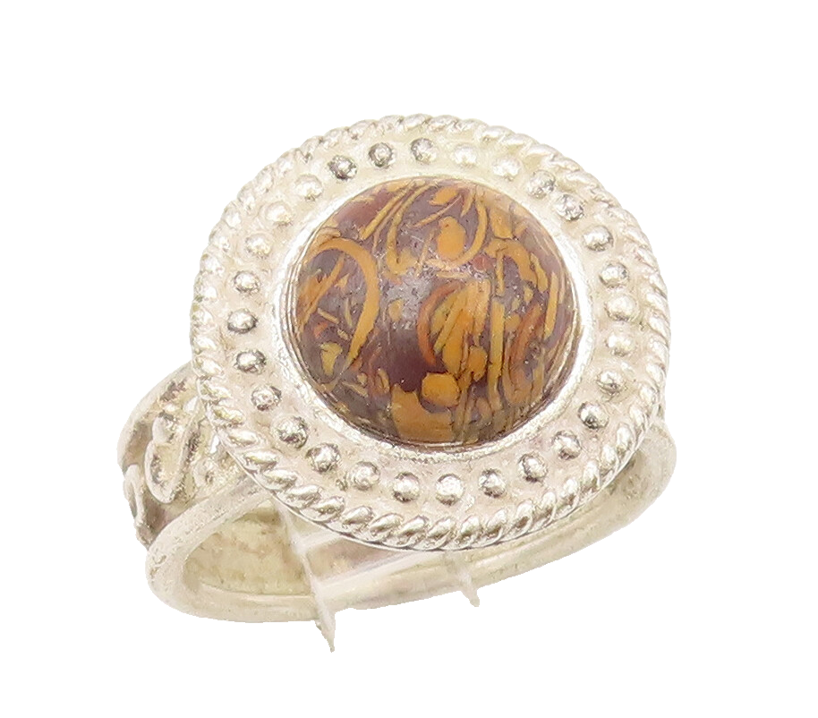 925 Sterling Silver Vintage Ring Carved Beaded Disc Enameled Stone Sz 8 RG27815
