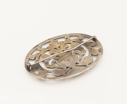 925 Silver  Vintage Antique Plant Vase & Cherry Vine Brooch Pin  BP10254