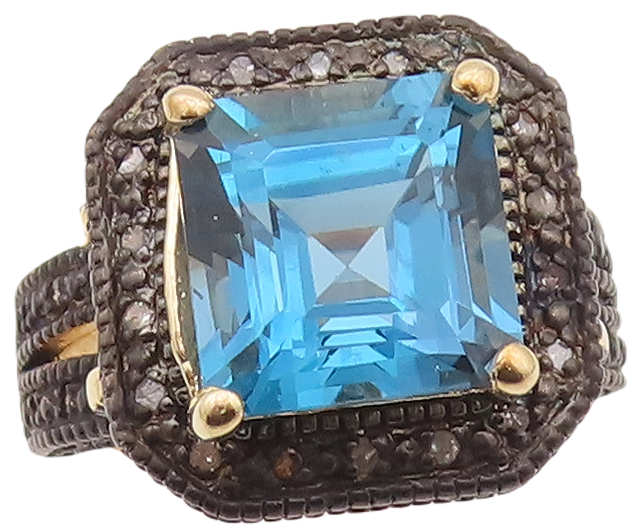 925 Sterling Silver Vintage Ring Gold Plated Diamonds & Blue Topaz Sz 6  RG29918