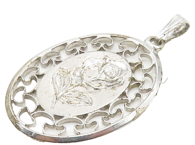 BEAU 925 Sterling Silver  Vintage Shiny Etched Rose Flower Pendant  PT13339