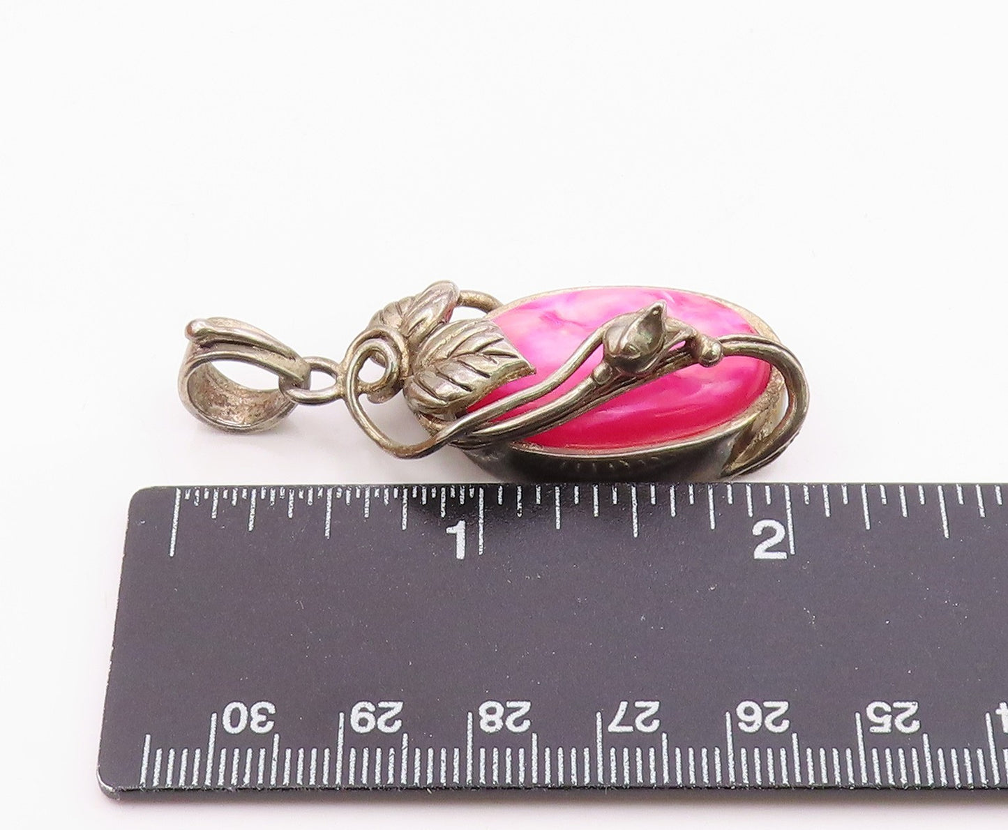 925 Sterling Silver  Vintage Floral Vine Wrapped Pink Stone Pendant  PT7836