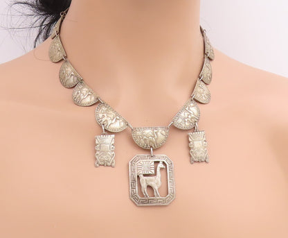 925 Sterling Silver Vintage Necklace PERU Llama & Sun Motif Panel Link  NE4873