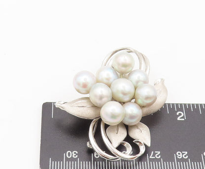 925 Sterling Silver  Vintage Pearl Beaded Carved Flower Brooch Pin  BP10523
