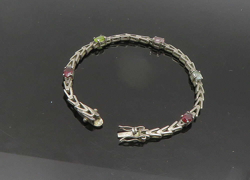 925 Silver  Vintage Peridot Garnet Amethyst & Topaz Chain Bracelet  BT8613