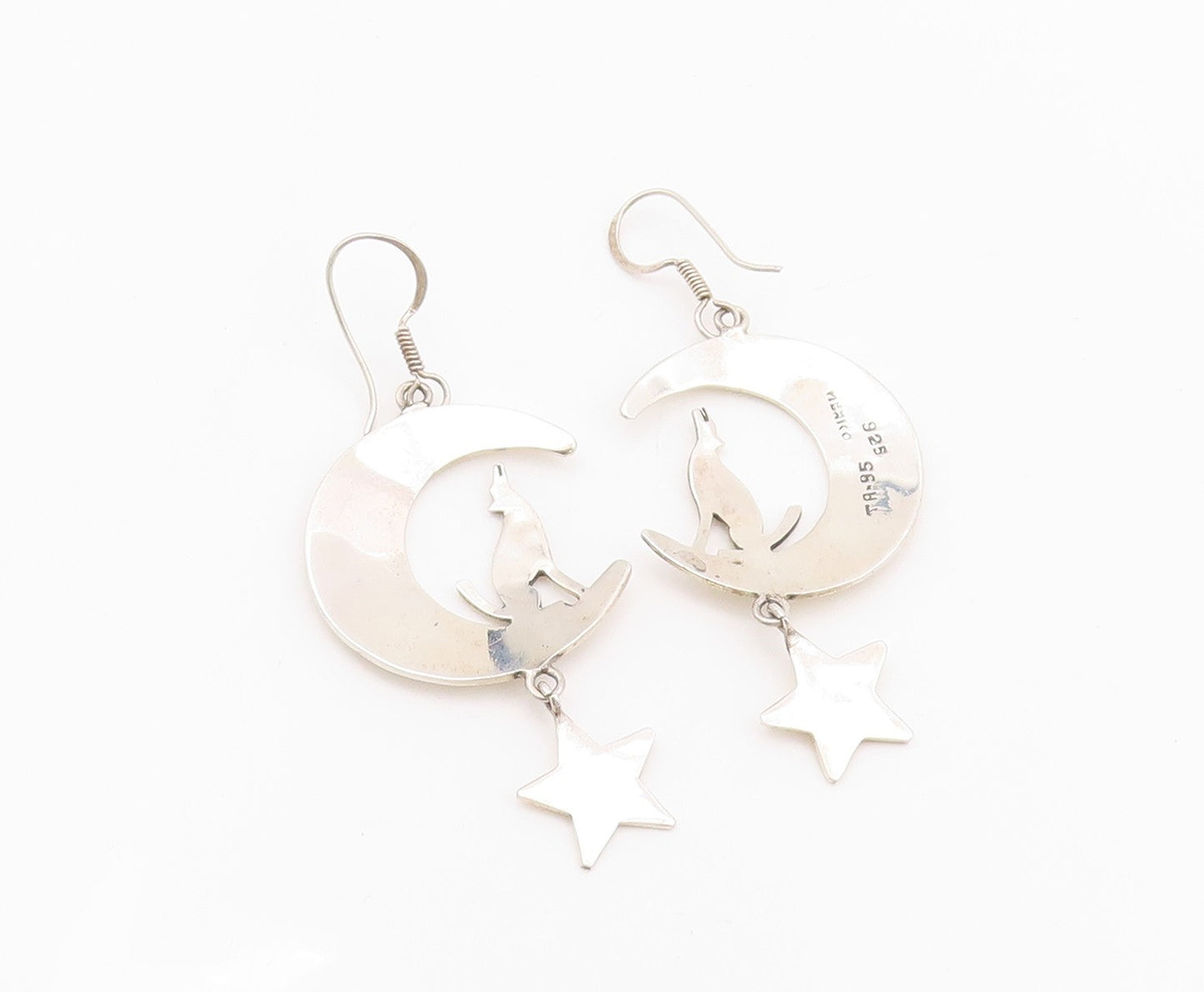 925 Sterling Silver Vintage Earrings MEXICO Howling Wolf On Moon & Star  EG13629