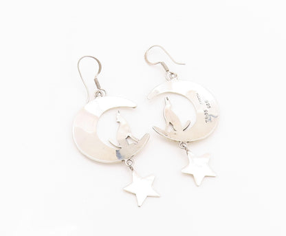 925 Sterling Silver Vintage Earrings MEXICO Howling Wolf On Moon & Star  EG13629