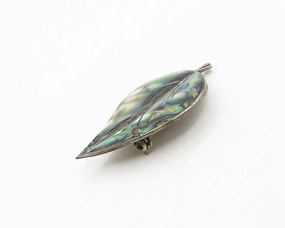 MEXICO 925 Silver  Vintage Abalone Shell Floral Leaf Motif Brooch Pin  BP7683