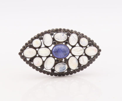 925 Sterling Silver Vintage Ring Oval Cabochon Moonstone & Spinel  Sz 7  RG29896