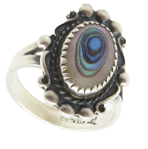POST BELL TRADING 925 Silver  Vintage Abalone Shell Cocktail Ring Sz 6  RG9775