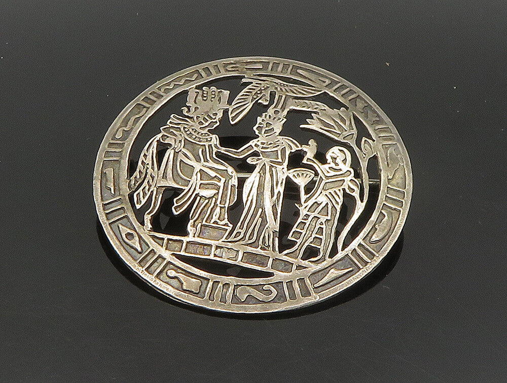 MIDDLE EAST 925 Silver  Vintage Egyptian Pharaoh Scene Brooch Pin  BP9324