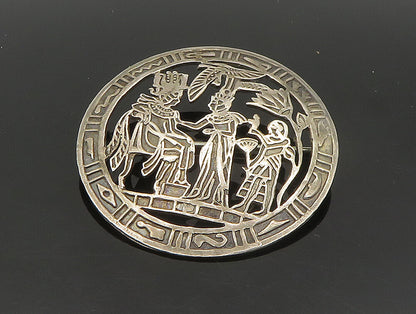 MIDDLE EAST 925 Silver  Vintage Egyptian Pharaoh Scene Brooch Pin  BP9324