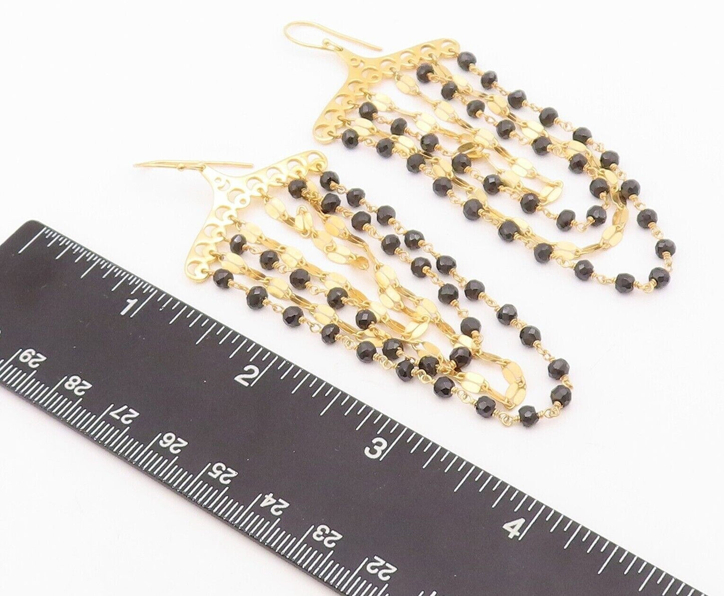 925 Sterling Silver Vintage Earrings Gold Plated Dangling Beaded Onyx  EG13161