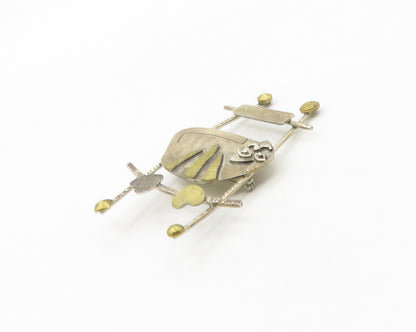 925 Sterling Silver  Vintage Modernist Un Chat Etched 2 Tone Brooch Pin BP7239