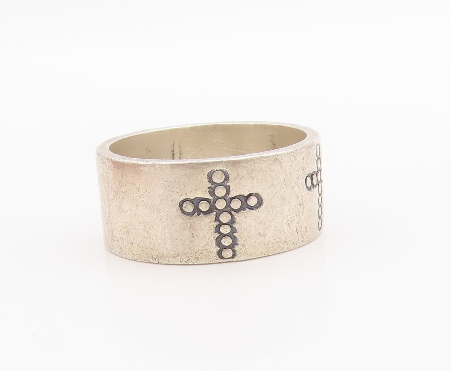 925 Sterling Silver Vintage Ring MEXICO Etched Religious Cross  Sz 10  RG33663