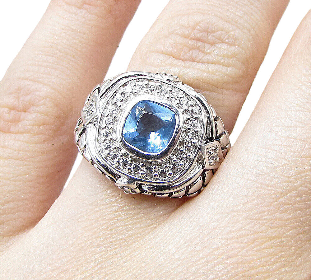 925 Silver  Blue Topaz & White Cubic Zirconia Cocktail Ring Sz 6  RG1584