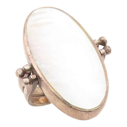 925 Sterling Silver Vintage Ring Oval Mother Of Pearl & Onyx Band  Sz 6  RG36264