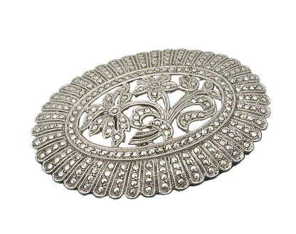 925 Sterling Silver  Vintage Sparkling Floral Motif Oval Brooch Pin  BP5794