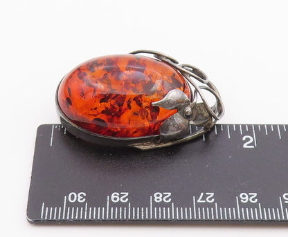 925 Sterling Silver  Vintage Cabochon Cut Amber Floral Leaf Brooch Pin  BP8463