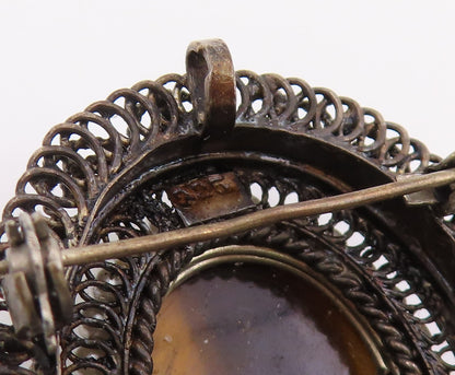 925 Sterling Silver Vintage Brooch Cabochon Tiger's Eye & Pearl Pin  BP12091