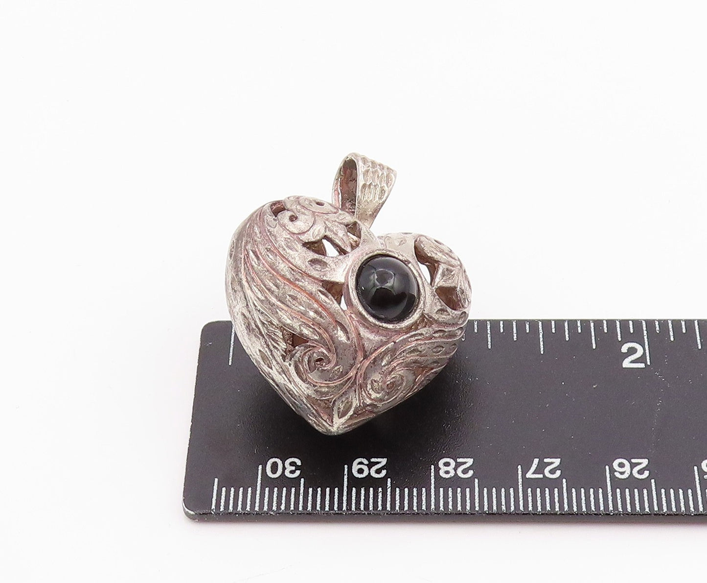 925 Sterling Silver Vintage Pendant Round Onyx & Opal Etched Love Heart  PT26028