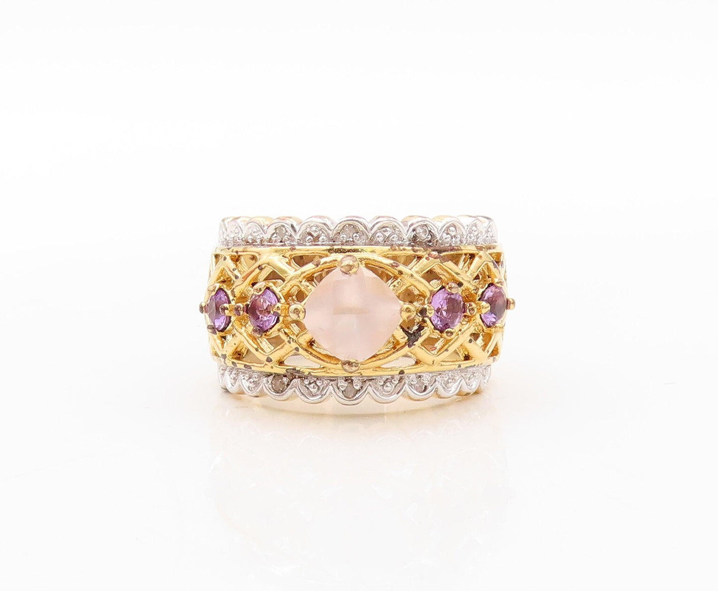 925 Sterling Silver Vintage Ring Gold Plated Gemstone Amethyst & CZ Sz 7 RG30589