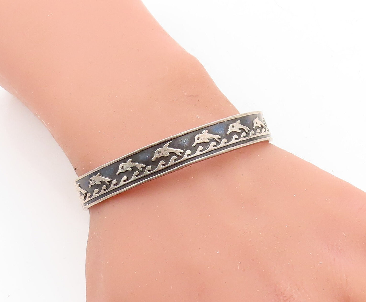 MEXICO 925 Sterling Silver  Vintage Oxidized Dolphin Cuff Bracelet  BT2514