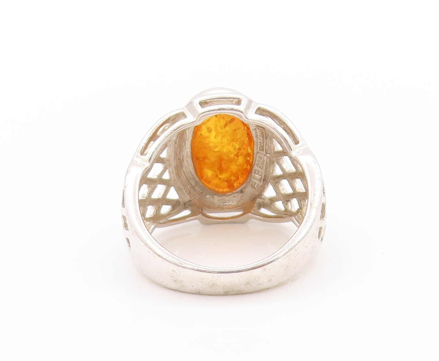 925 Sterling Silver Vintage Ring Net Design Cut Band Honey Amber  Sz 10  RG32698