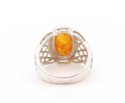 925 Sterling Silver Vintage Ring Net Design Cut Band Honey Amber  Sz 10  RG32698