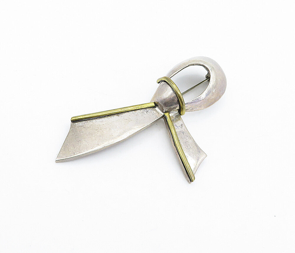 MEXICO 925 Sterling Silver  Vintage Two Tone Ribbon Motif Brooch Pin  BP1676