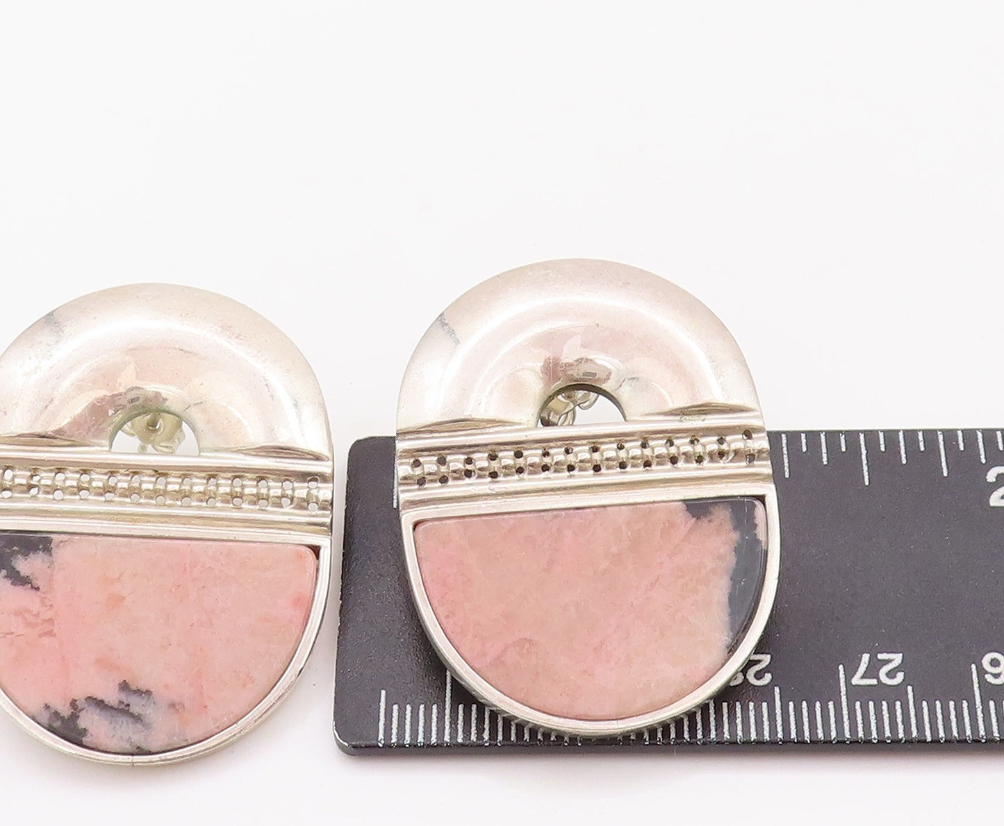 925 Sterling Silver Vintage Earrings Designer Carved Pink Black Gemstone EG12964