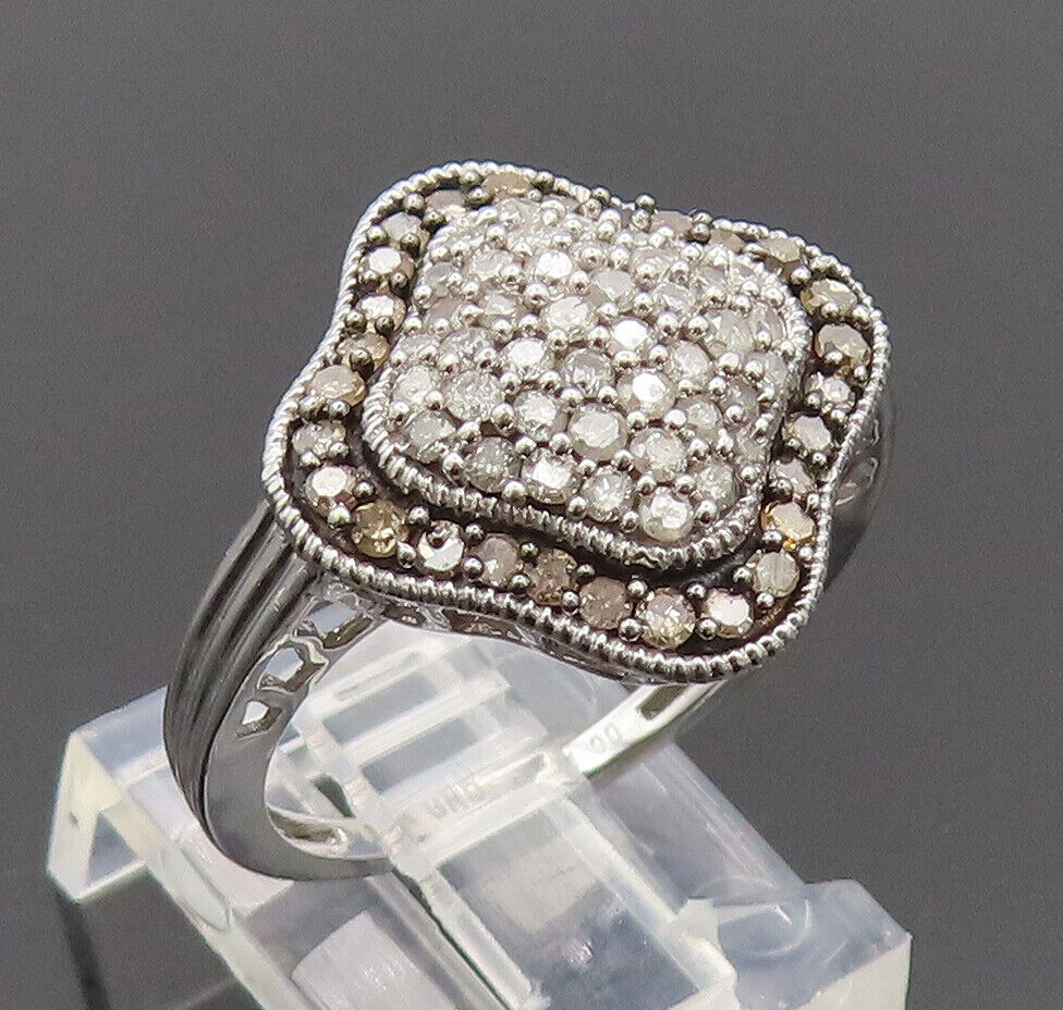 10K GOLD  Vintage 1ct White & Champagne Diamonds White Gold Ring Sz 7  GR696