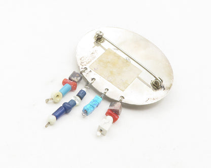 925 Sterling Silver Vintage Jasper Turquoise & Multi Stone Brooch Pin BP4407