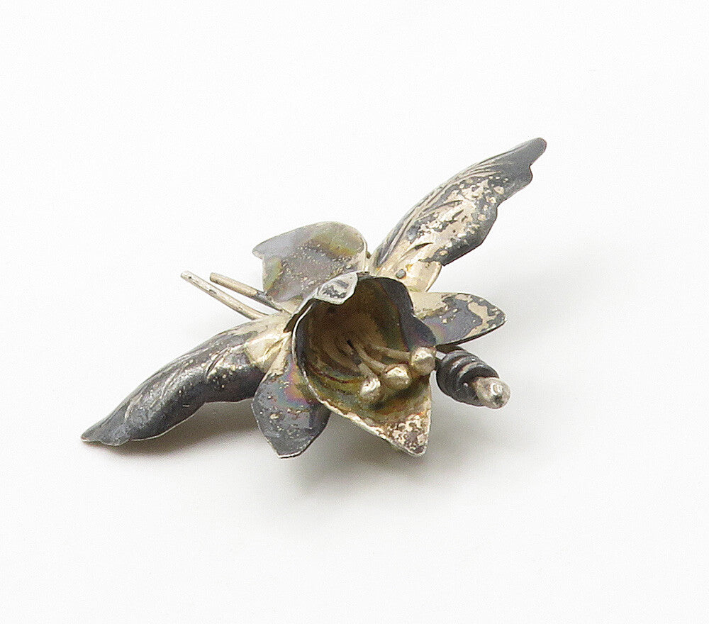 MEXICO 925 Sterling Silver  Vintage Dark Tone Flower Motif Brooch Pin  BP6133