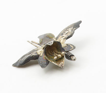MEXICO 925 Sterling Silver  Vintage Dark Tone Flower Motif Brooch Pin  BP6133
