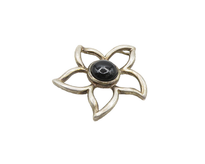 925 Sterling Silver  Vintage Cabochon Black Onyx Flower Motif Pendant  PT15134