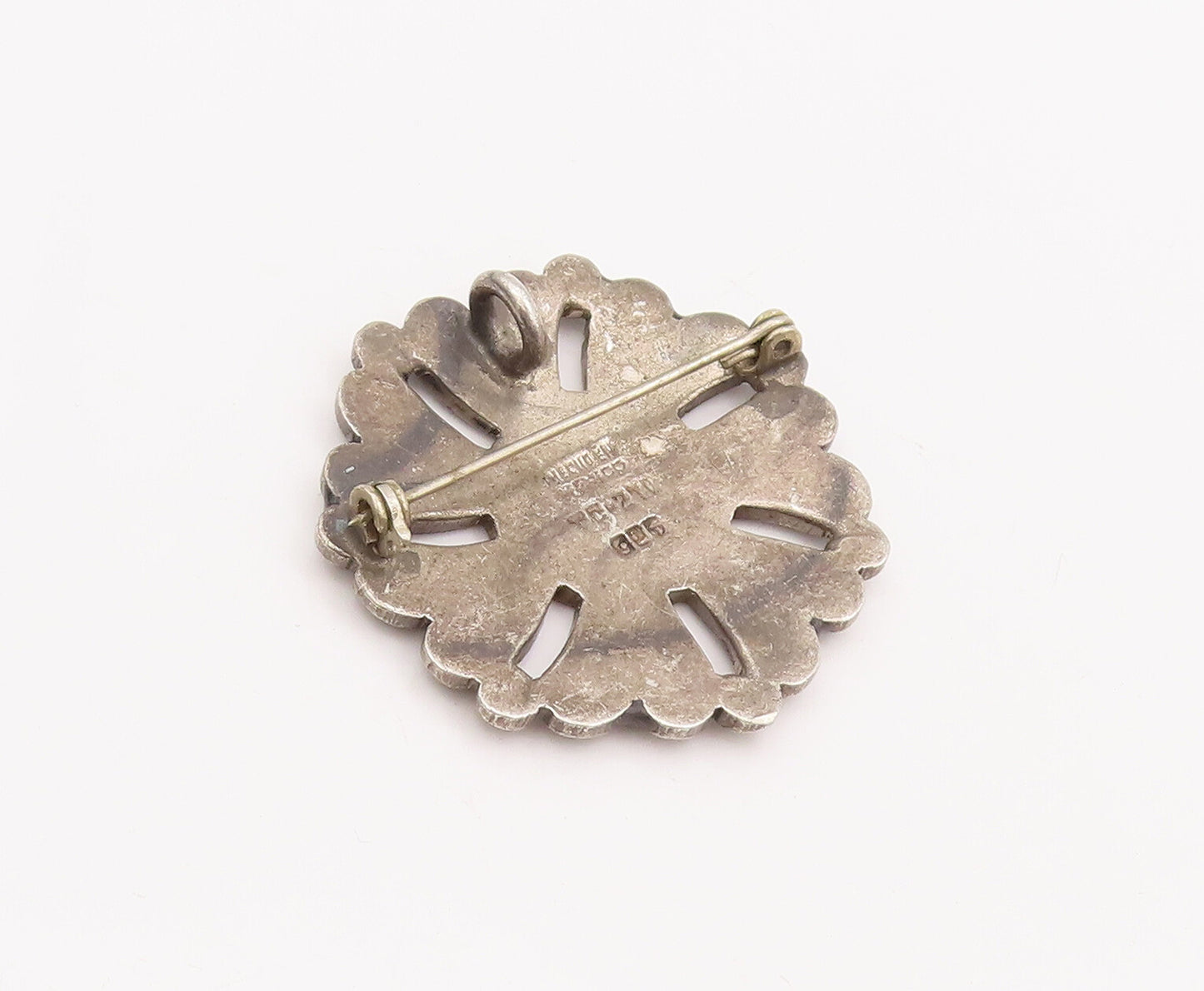 925 Sterling Silver Vintage Brooch Pin MEXICO Malachite Celtic Flower  BP10953