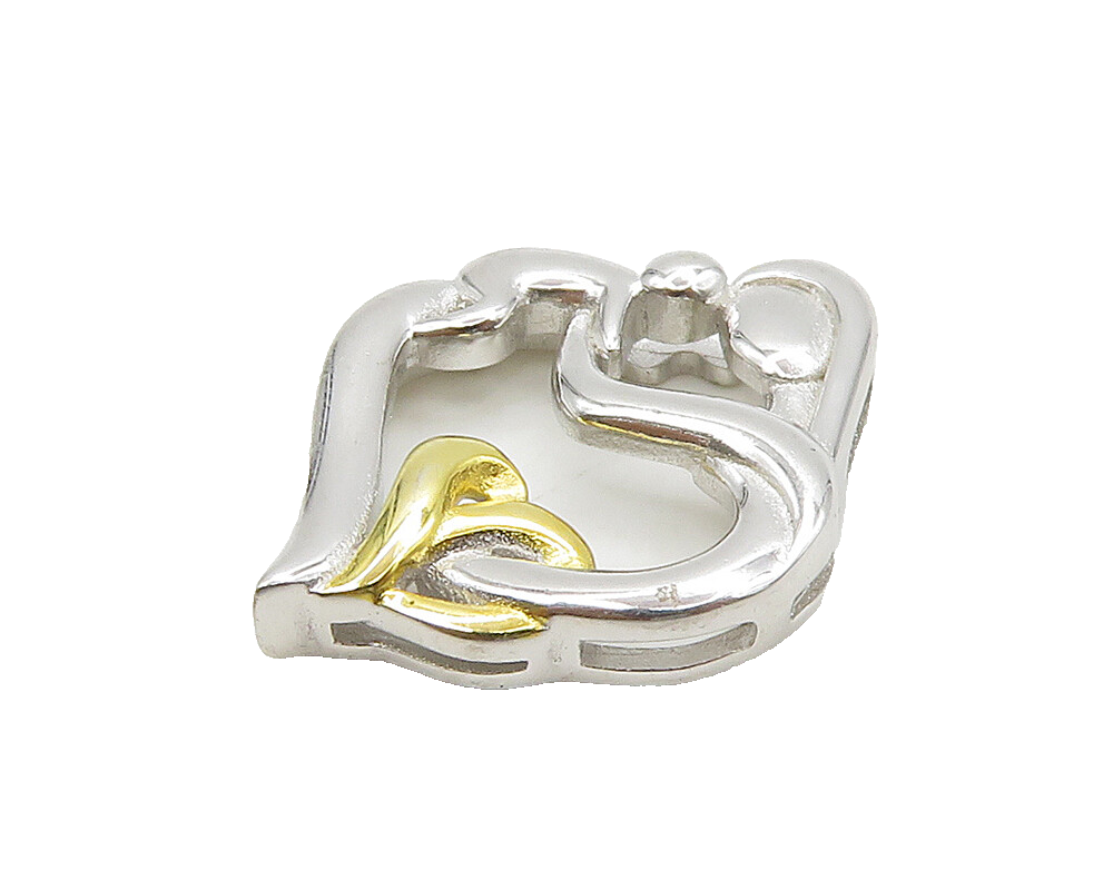 925 Sterling Silver  Two Tone Shiny Mom & Baby Love Heart Pendant  PT12595