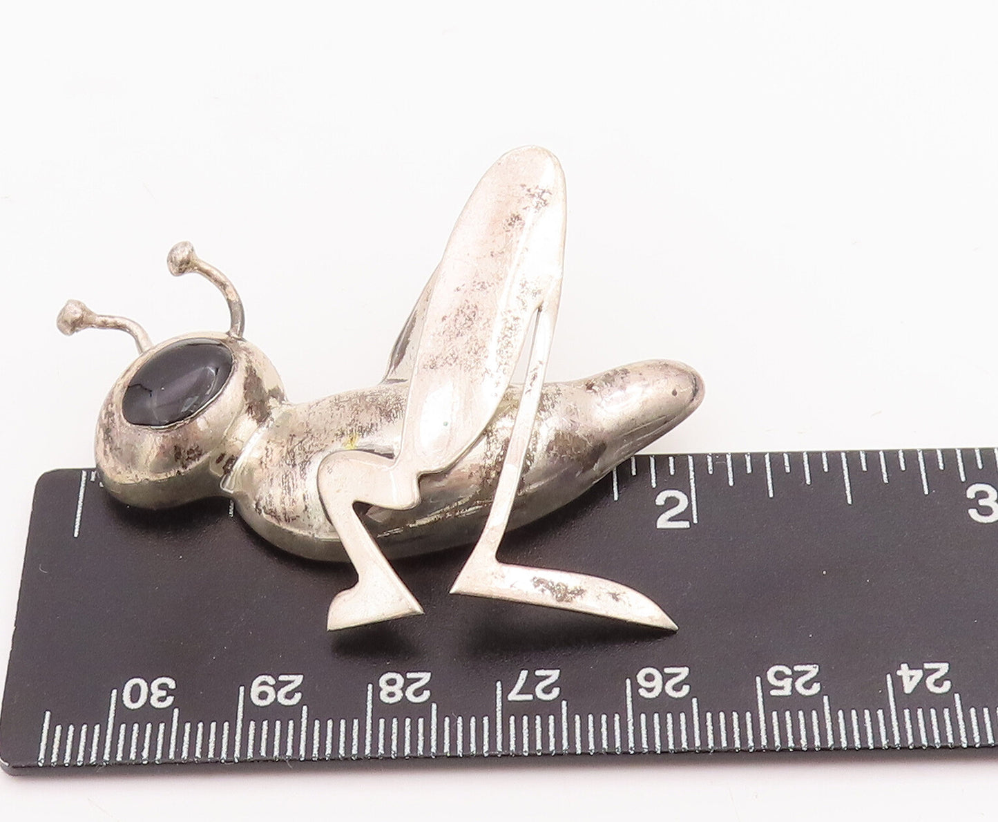 925 Sterling Silver Vintage Brooch Pin MEXICO Onyx Eyed Grass Hopper  BP11010