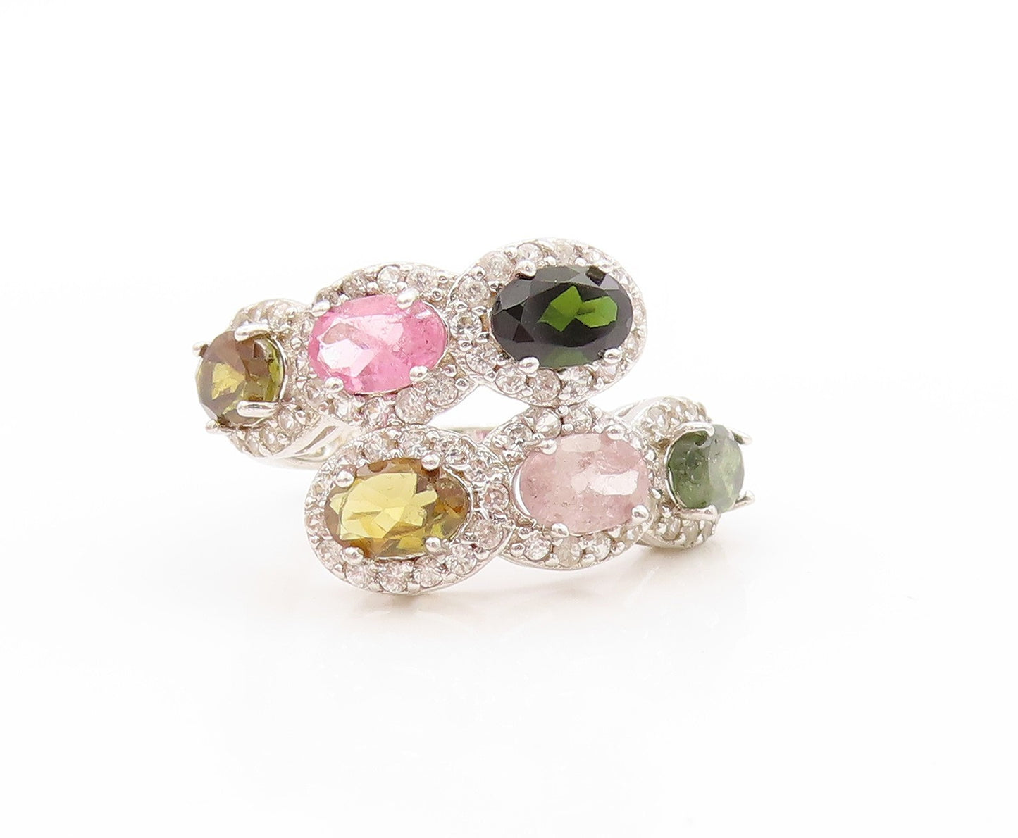 925 Sterling Silver Vintage Ring Multi Gemstone & CZ Bypass Band  Sz 7  RG33741