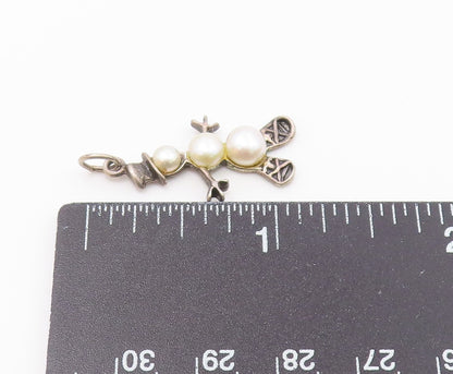 925 Sterling Silver  Vintage Cultured Pearls Carved Snowman Pendant  PT20304