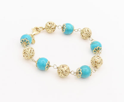 925 Sterling Silver Vintage Bracelet Cabochon Turquoise & Carved Spheres BT10269